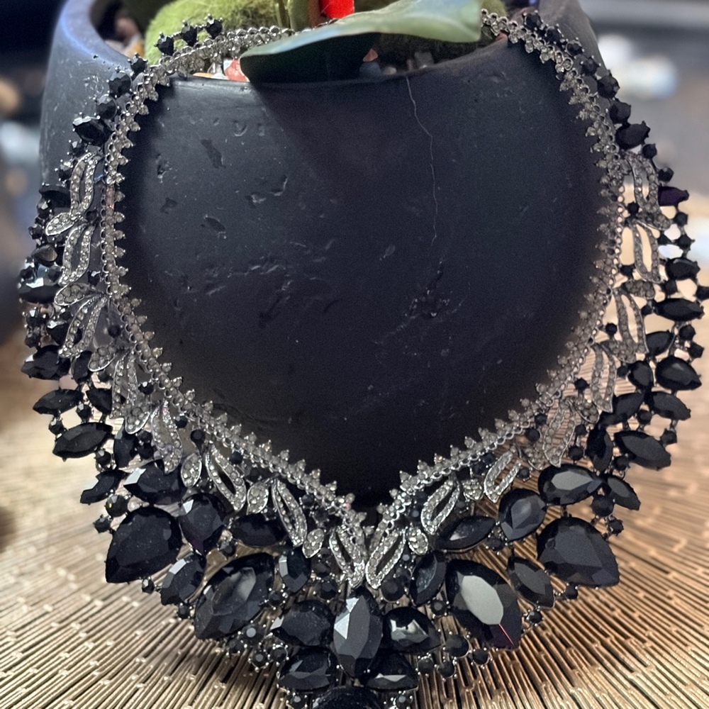 Exquisite Black Crystal Cocktail Necklace and Earrings